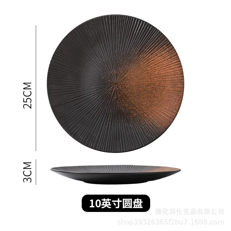 Japanese ceramic striped plate creative steak plate spaghetti plate retro sushi plate restaurant commercial plate