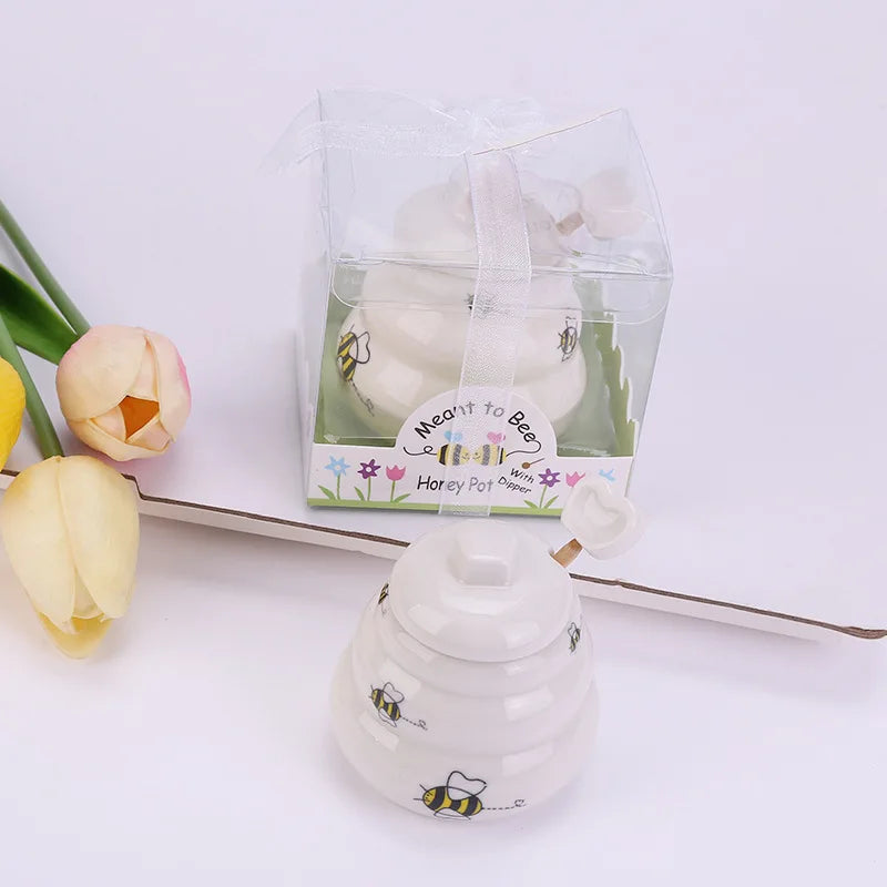 Mini Ceramic Honey Pot Set With Honey Dipper MEANT TO BEE in Gift Box Party Favors