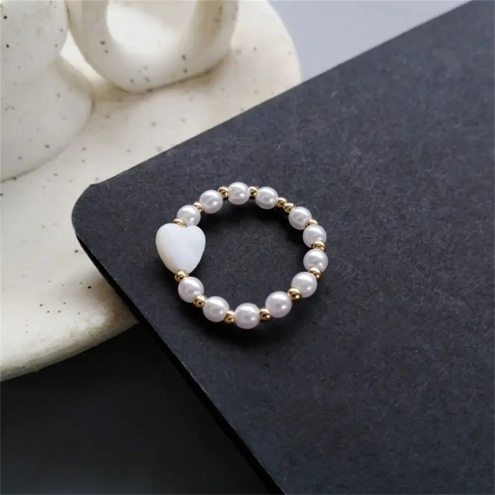 Elegant Heart Imitation Pearl Rings for Women Fairy Vintage Simple Retro Index Finger Ring White Sweet Minimalist Jewelry Gift