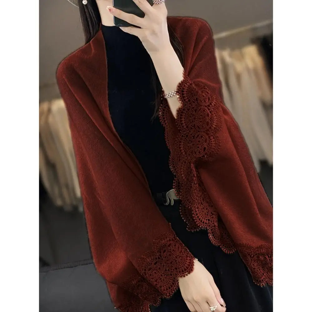 Fashion Women Wool Knitted Shawl Spring Autumn Breathable Lace Edge Scarf Skin Friendly Luxury Brand Design Cloak Shawl