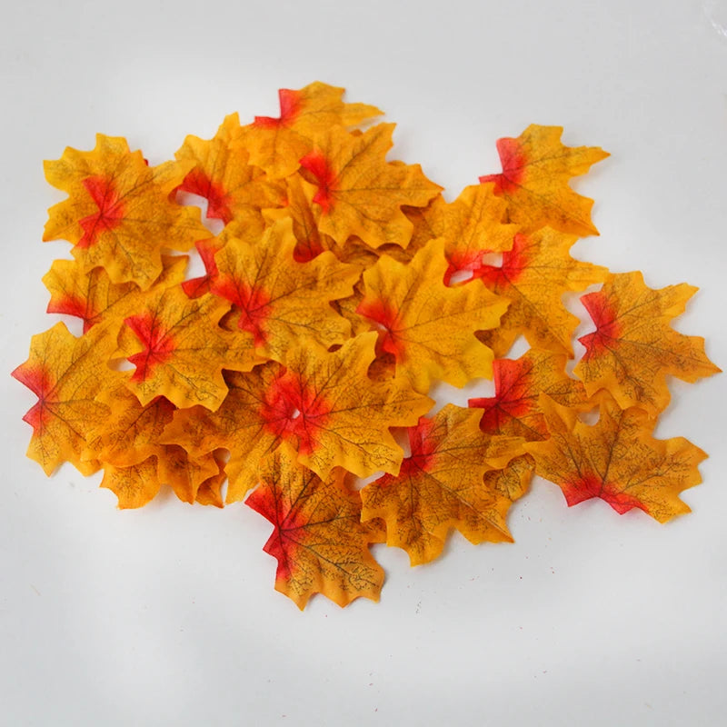 100pcs Artificial Autumn Maple Leaves Thanksgiving Halloween Mixed Fall Colored Leaf Wedding Thanksgiving Day Party Table Decor