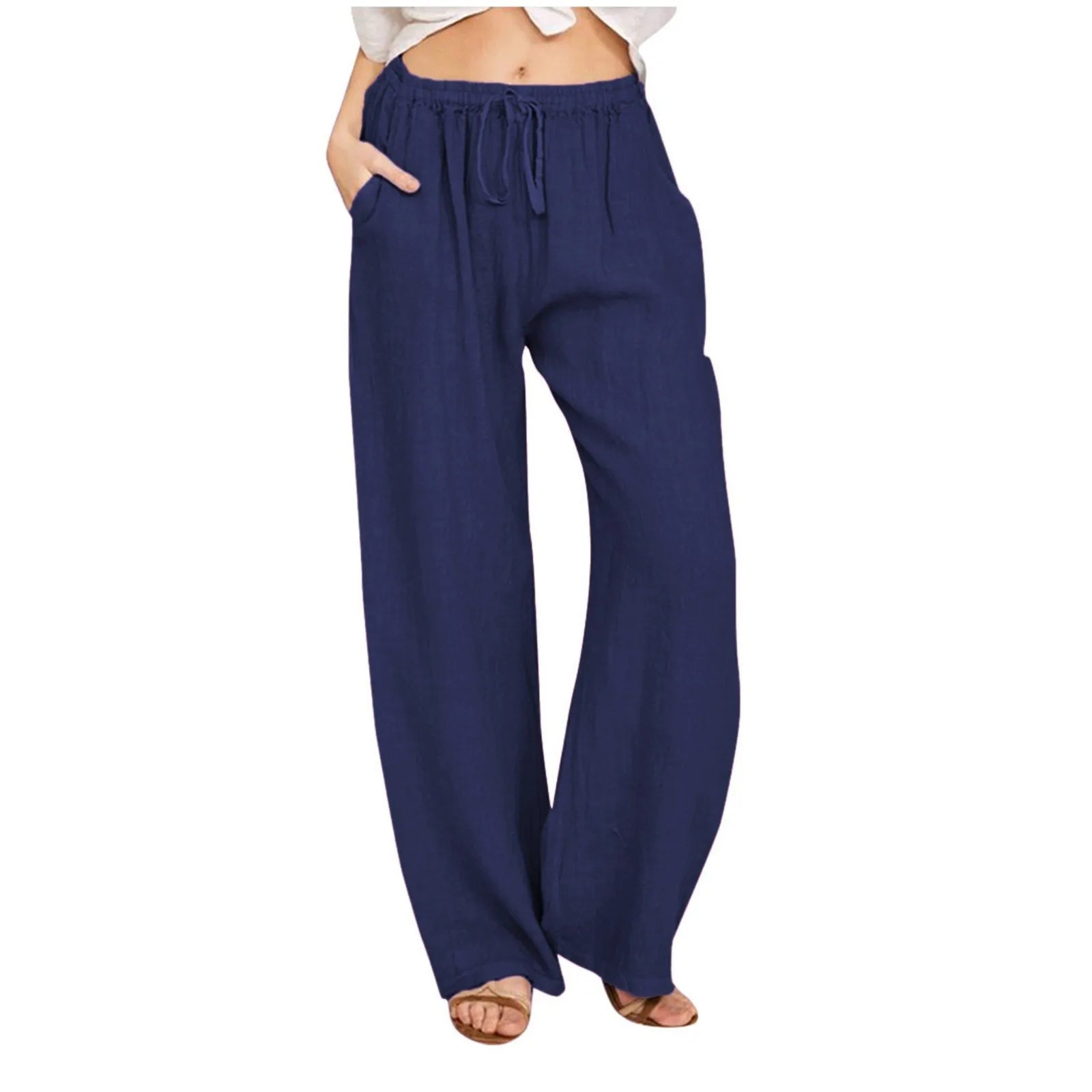 2024 Spring Summer Linen Cotton Wide Legged Pants for Women High Waist Solid Color Crop Pants Elastic Waist Casual Loose Pants