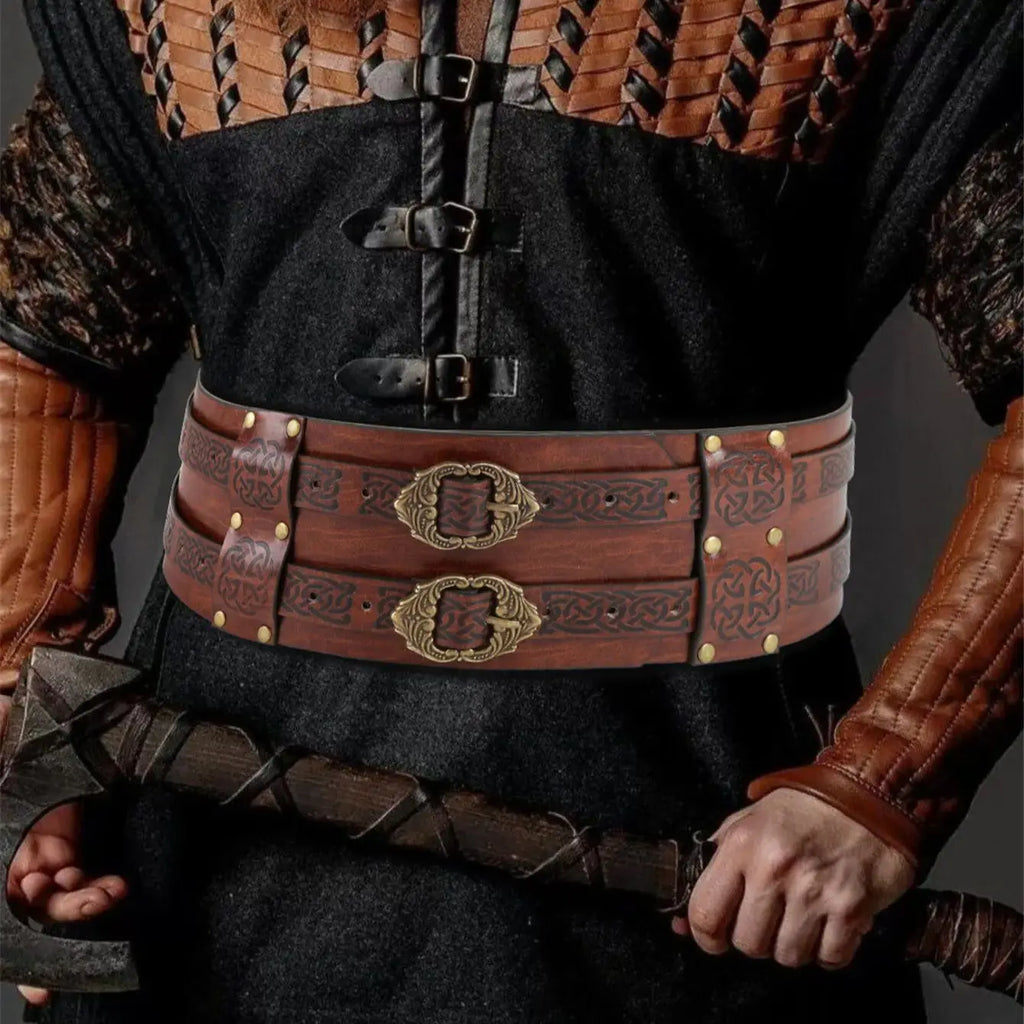 Renaissance Viking Embossed Wide Belt Medieval Faux Leather Armor Belt Medieval Wide Belt for Men PU Leather Costume Accessory