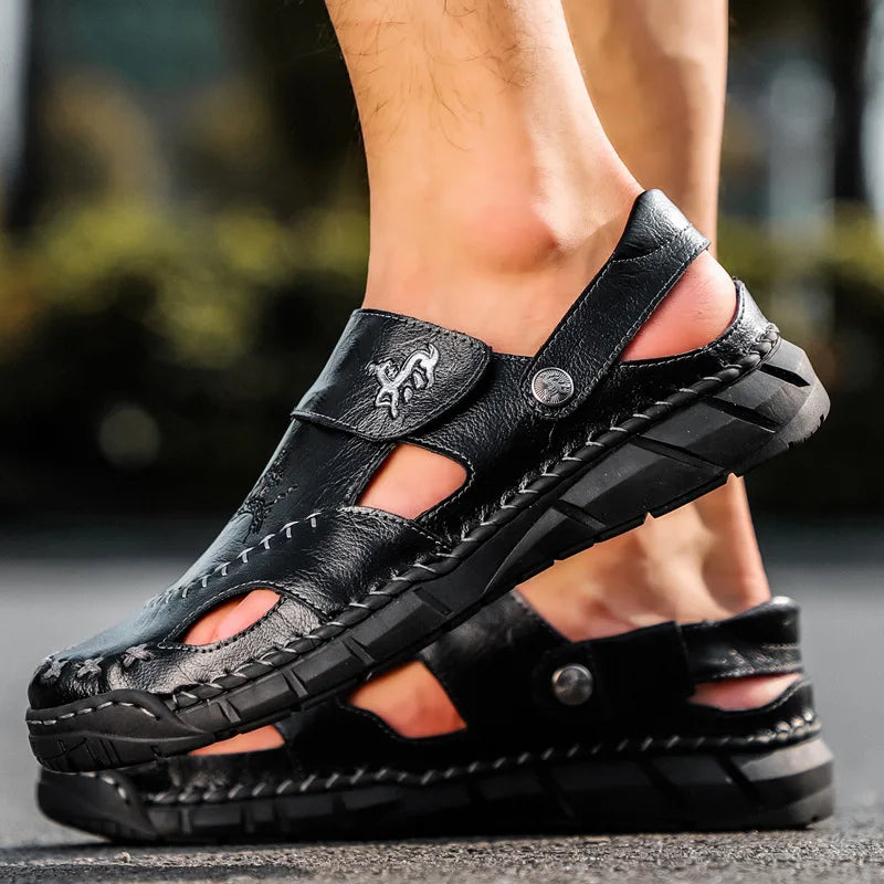 High quality leather flat sandals for men round toes new summer 2025 size 49 50 casual outdoor walking big size shoe black brown