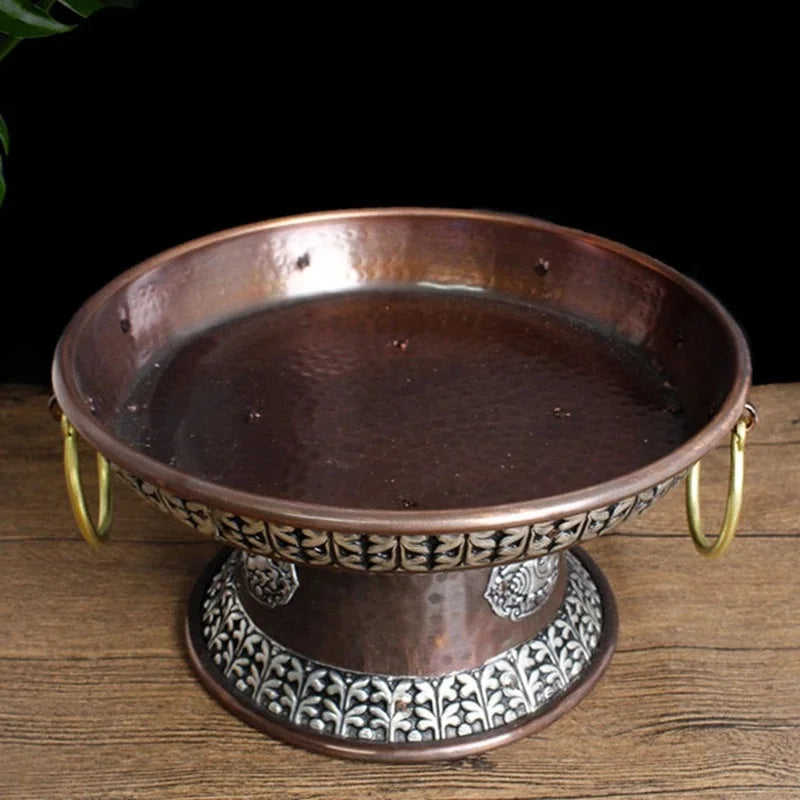Tibetan Alloy Fruit Dish Embossed Auspicious Large Size Ancient Red Plate Tantric 25cm Tray Desktop Home Altars Decorative