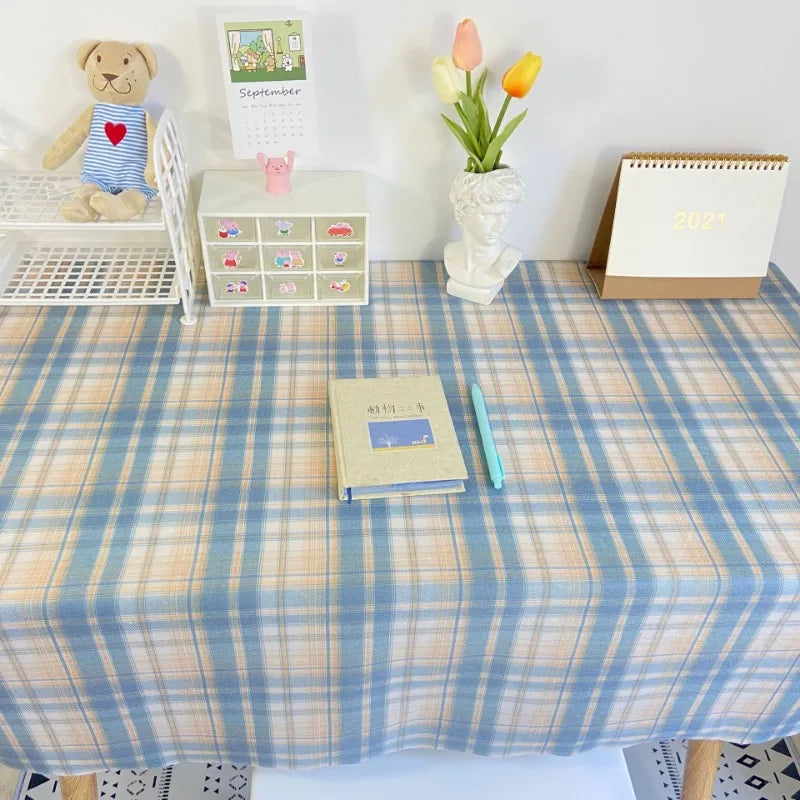 INS Plaid Table Cloth Japanese Fresh Checkered Tablecloth Bedroom Dormitory Dressing Table Mat Rectangular Desk Decor