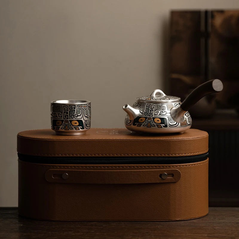 Silver Tea Set 999 Pure Silver Side Handle Stone Ladle Teapot Handmade Gilded Silver Teapot Household Kung Fu Teapot