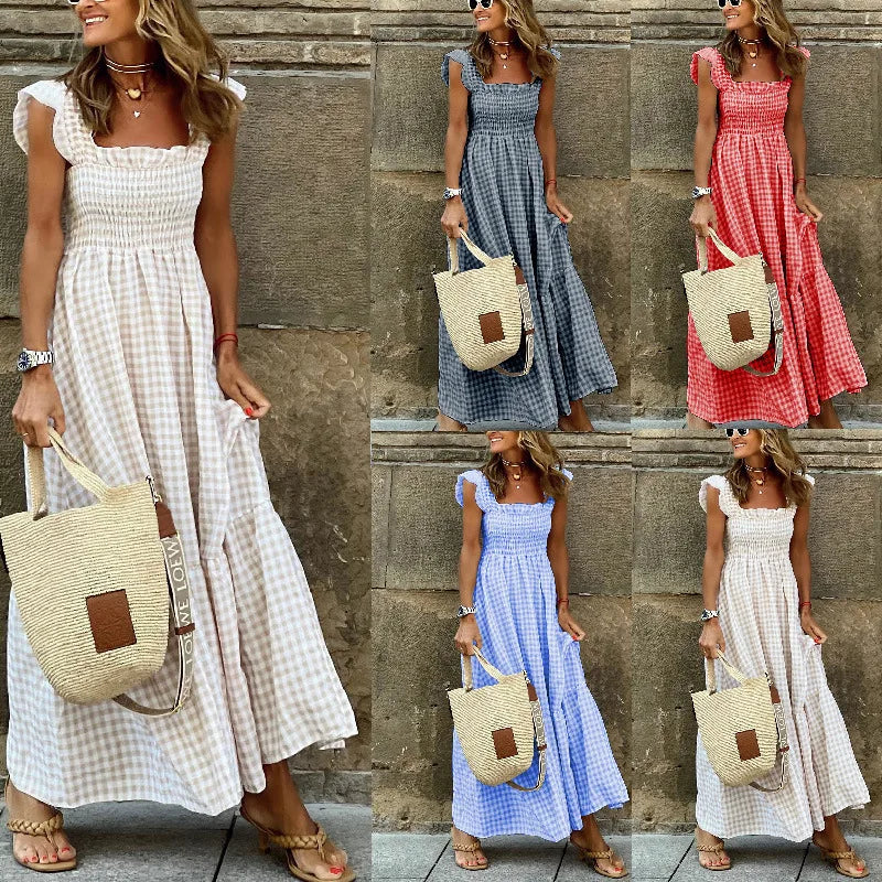 Luxury Ruffle Fly Sleeve Long Dress Square Neck Large Swing Plaid Party Evening Dress Casual Retro Beach Holiday Women's Clothes