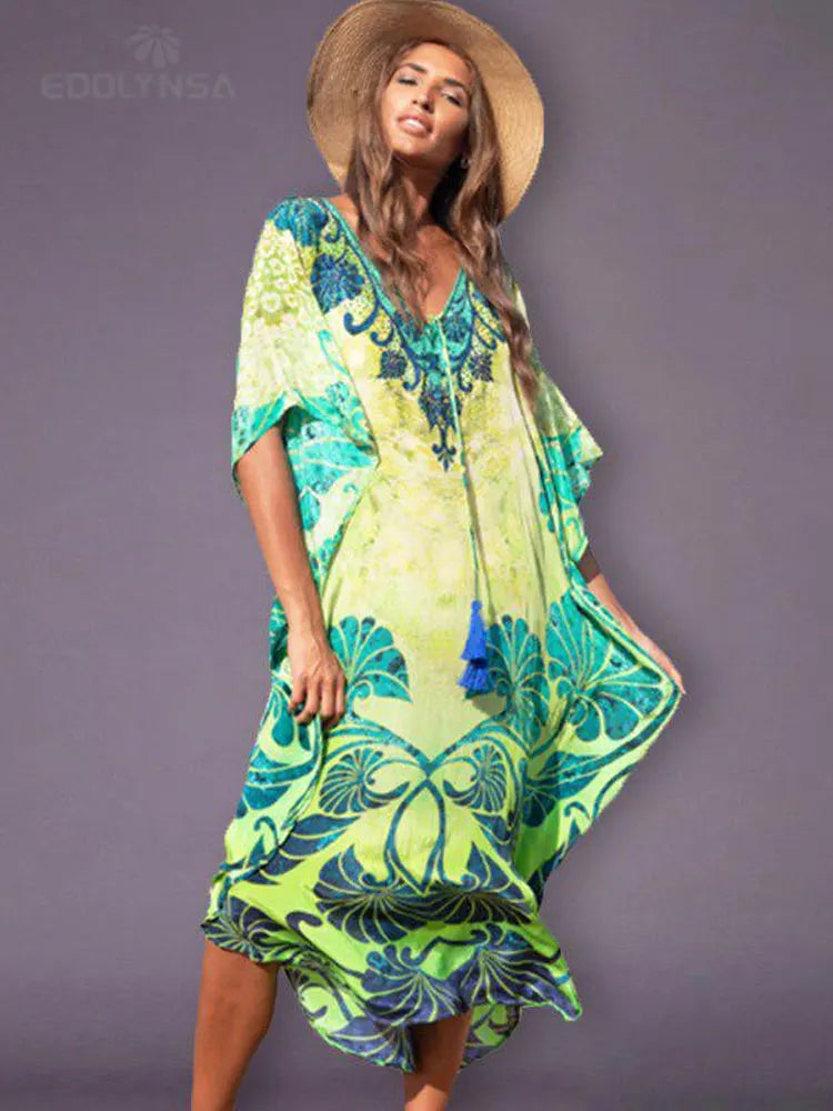 2025 Quick-drying Bohemian Printed Loose Summer Beach Dress Moroccan Kaftan Women Plus Size Beachwear Tassel Midi Dress Q897