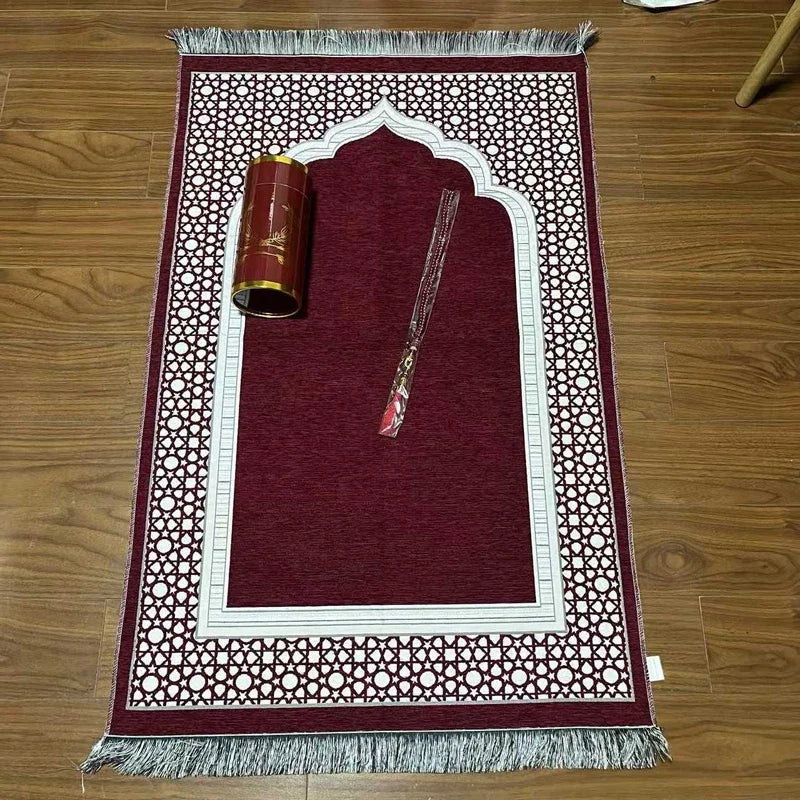 Muslim Prayer Mat with Rosary Beads and Gift Tube the Spire Pattern Islamic Rug Ramadan Decorative Floor Carpet Travel Gifts