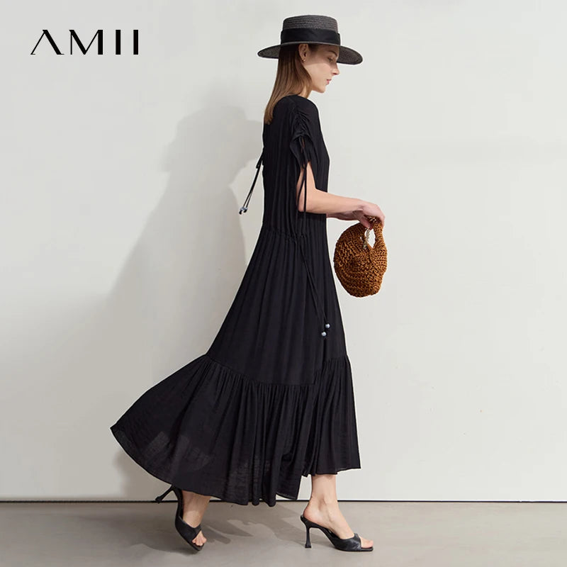 Amii Women's Dress Minimalist Summer New Loose Long Style Sleeveless V-Neck Ruffled Hem Drawstring Raglan Sleeve Dress 12542117