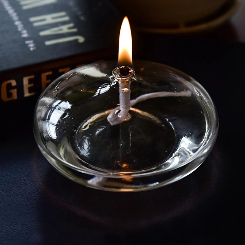 Handmade Oblate Transparent Glass Candlestick Oil Lamp with Wick Dinner Table Candle Rustic Christmas Home Decoration