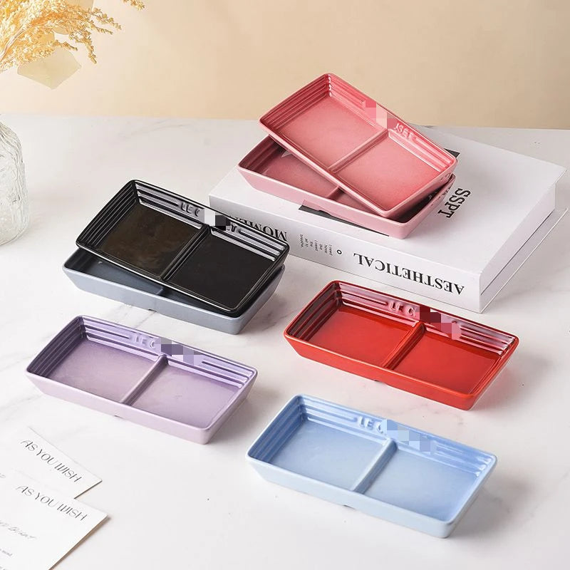 Color Japanese Style Grid Dipping Dish Seasoning Dish Ceramic Pickled Vegetables Snacks Separated Barbecue Dipping Home Use