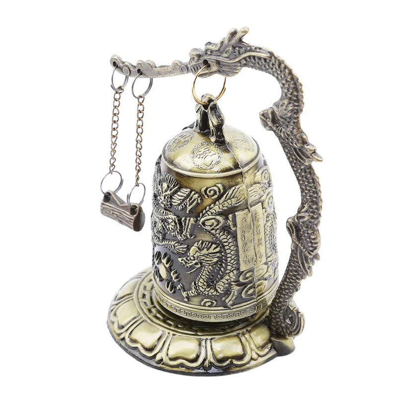 Exquisite Antique Home Decoration Zinc Alloy Vintage Style Bronze Slot Dragon Carved Buddhist Bell Chinese Geomantic Artware 1PC