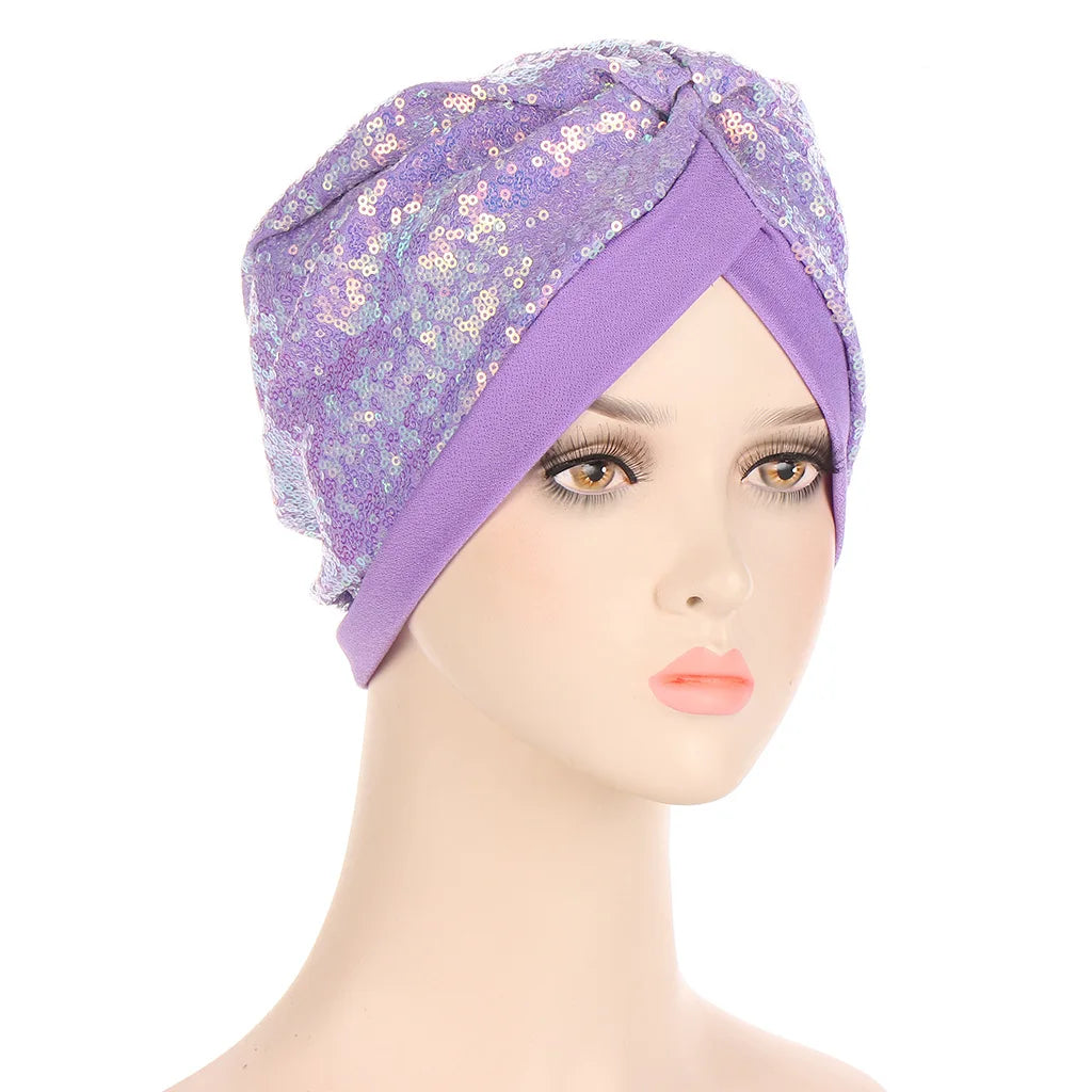 Muslim Headscarf Bonnet Glitter Sequins Hijab Turban Female Head Wraps India Hat Islam Headwear Accessories Chemo Caps beanies
