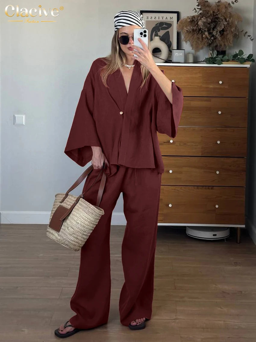 Clacive Fashion Loose Red Cotton Women's Two Pieces Set 2025 Elegant Long Sleeve Shirt With High Waist Wide Pants Set Female