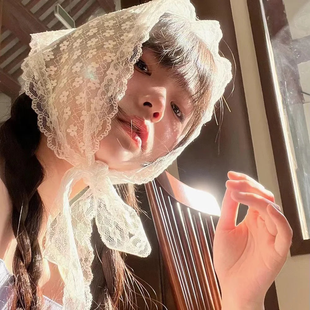 Elegant Lace Floral Hair Scarf Women Triangle Headscarf Korean Lace Up Neck Scarf Lace Flower Sunscreen Travel Photo Headband