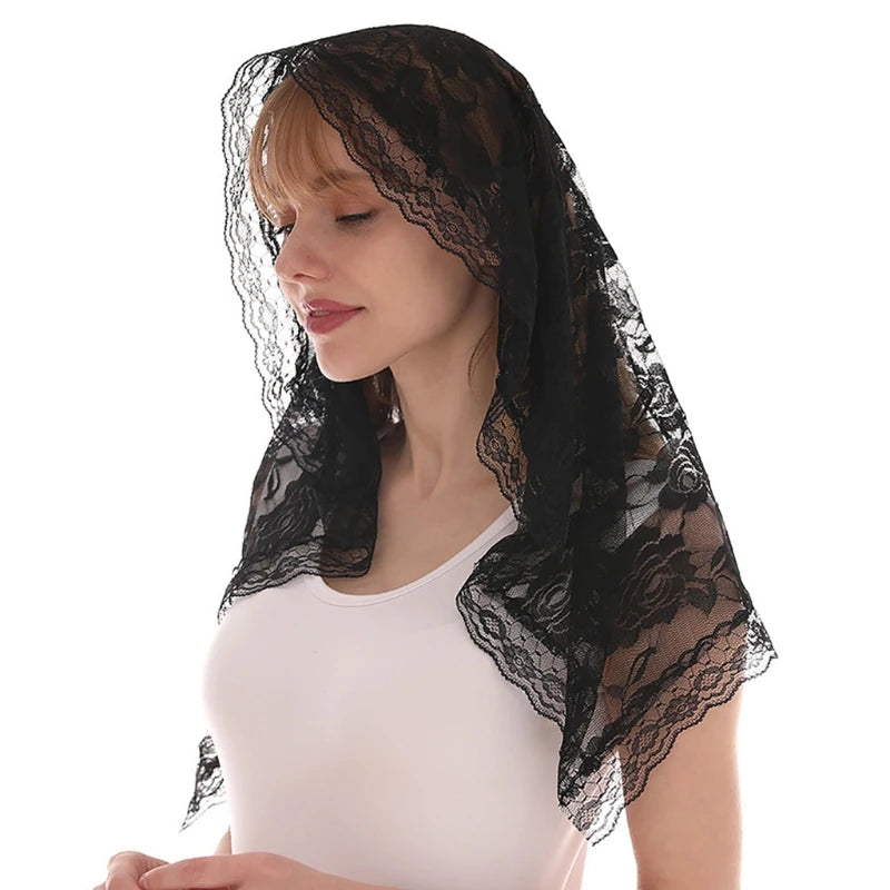 Lace Shawl Mantilla Catholic Veil Lightweight Tassel Scarf Floral Embroidery