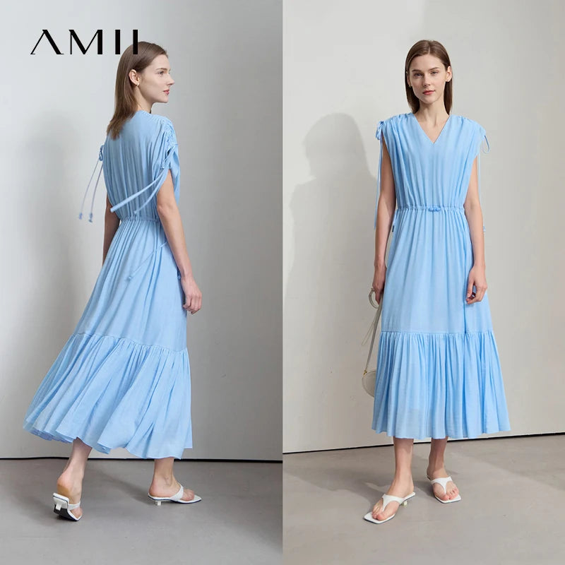 Amii Women's Dress Minimalist Summer New Loose Long Style Sleeveless V-Neck Ruffled Hem Drawstring Raglan Sleeve Dress 12542117