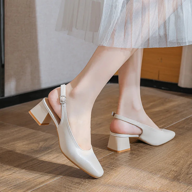 shoes suqare toe leather sandals women thick high heels summer shoes back strap green  big size 43