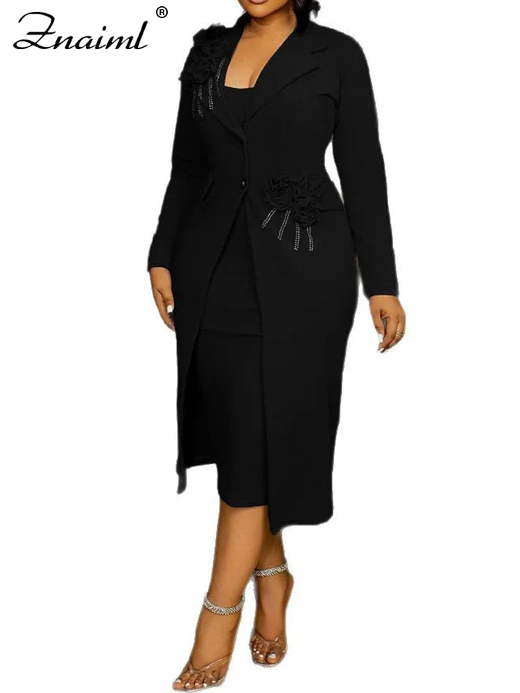 Znaiml Fashion Work Business Woman Flower Pearl Diamonds Long Blazer and Strap Dress 2 Pieces Sets Office Lady African Outfits