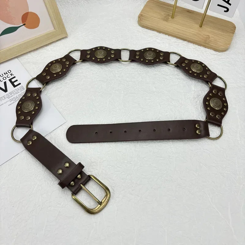 Vintage Circle Splicing Belts Cowboy Hollow PU Girdle Rivet Punk Metal Buckle Spice Girls Skirt Decoration Heavy Duty Wide Belt