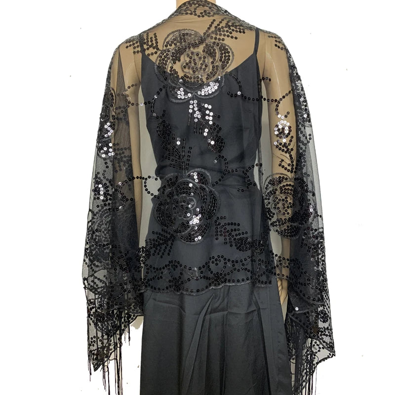 Glitter Sequins Shawls and Wraps for Evening Dresses Women's Mesh Wedding Cape Bridal Bridesmaid Shrugs Fringed Party Shawl