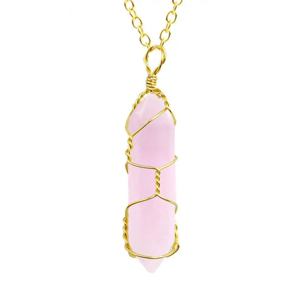 Jewelry Amethyst Tiger Eye Rose Quartz Natural Stone Hexagonal Cylindrical Crystal Necklace Wire Wrap Stone Pendant