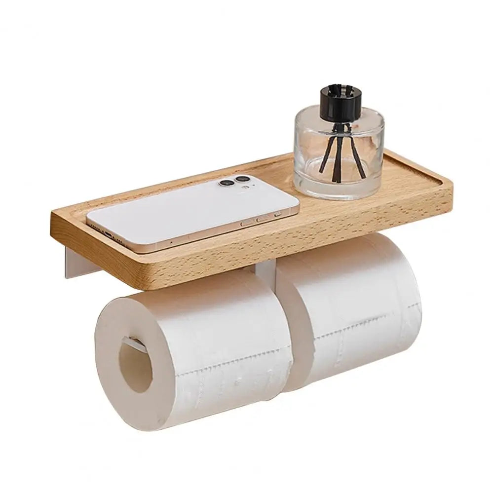 Tissue Rack Space-saving Wall Mounted Punch Free Wooden Bathroom Tissue Stand Easy To Install Toilet Storage Shelf For Dorm
