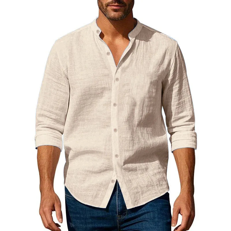 Cotton Linen Shirt for Men Henley Neck Solid Color Lightweight Breathable Slim Fit Single Breasted Shirt Long Sleeve Button Up