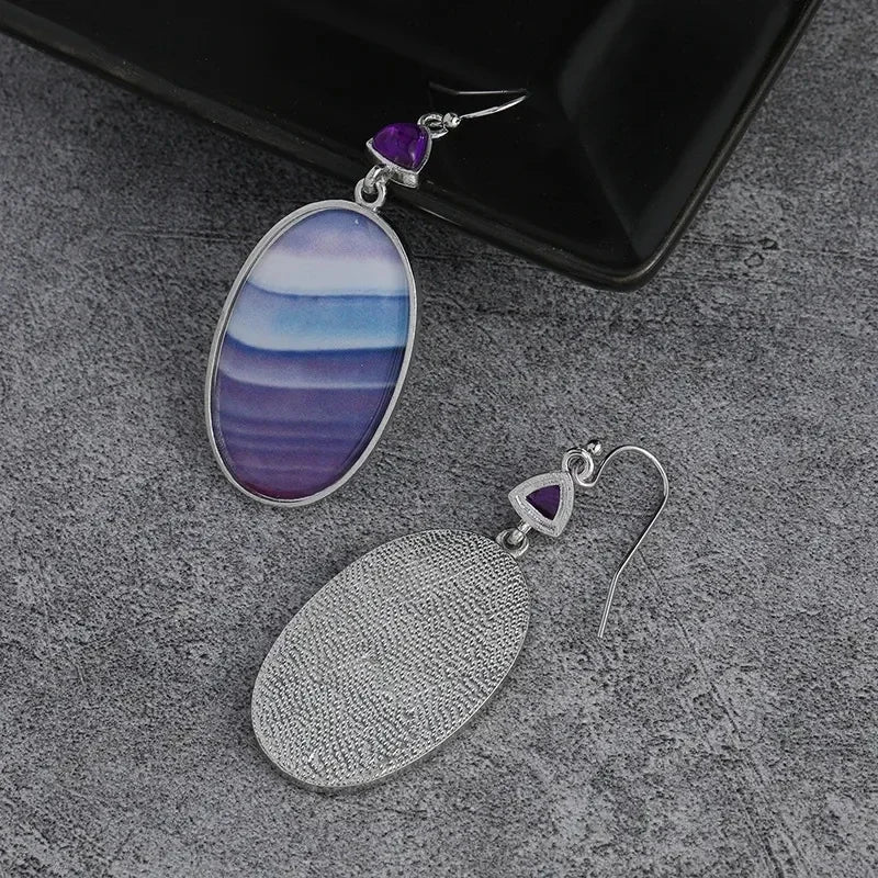 Boho Teardrop Earrings for Women Jaspers Silver Color Women Oval Purple Natural Stone Dangle Jewelry