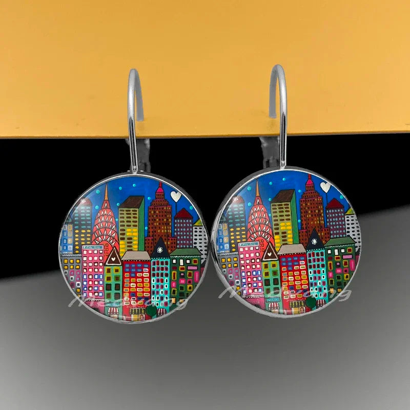 2024 Natural Scenery Earrings beautiful village Women Stud Earring  Abstract Oil Painting House Glass Cabochon Earrings  jewelry