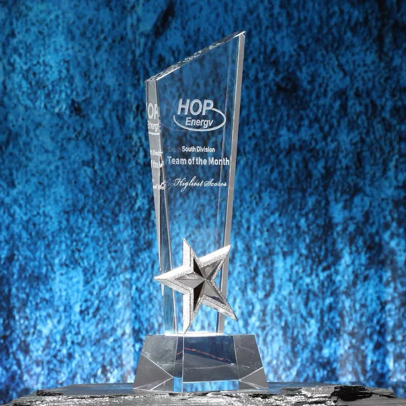 Customized Transparent Crystal Trophy, Gold Silver Copper, Five-Star, Excellent Staff Award, Home Decoration, 1Pc