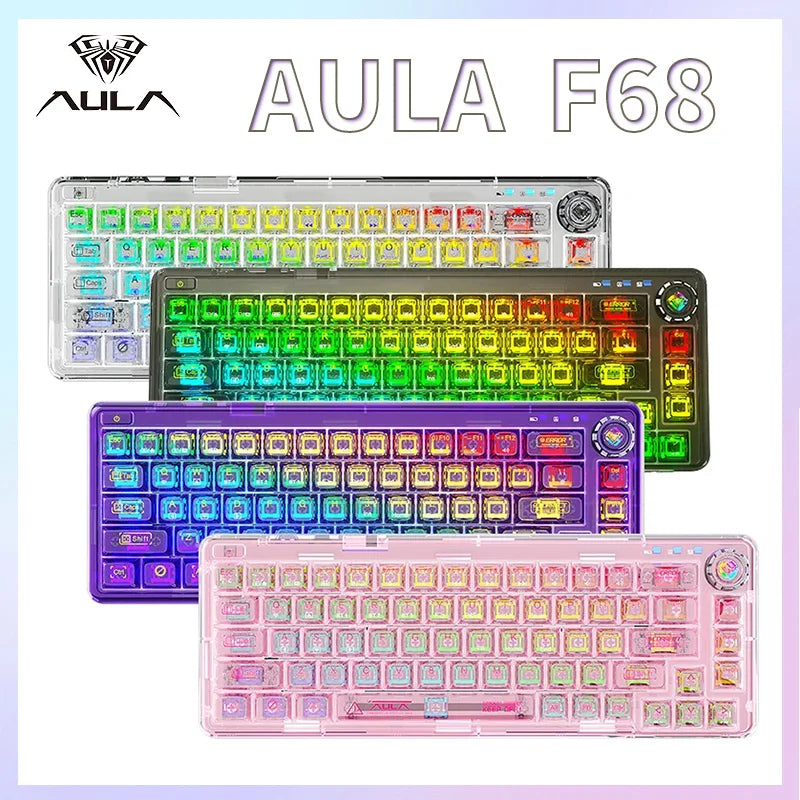 AULA F68 Transparent Mechanical Keyboard 2.4G Wireless/BT/Wired Hot Keycaps Colored RGB Lights For Work Gaming E-Sport Keyboard