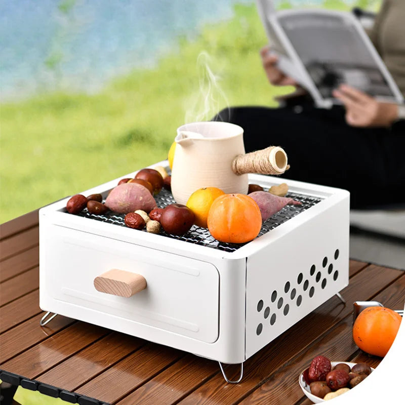 Portable multi-functional square barbecue grill for outdoor camping, drawer grill for roasting tea and meat around the stove