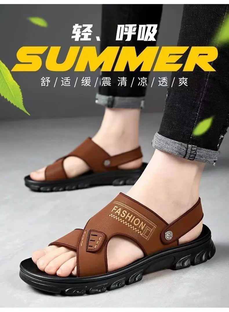Sandals men's leather thick soled beach sandals for summer wear, non slip and wear-resistant dual-purpose sandals