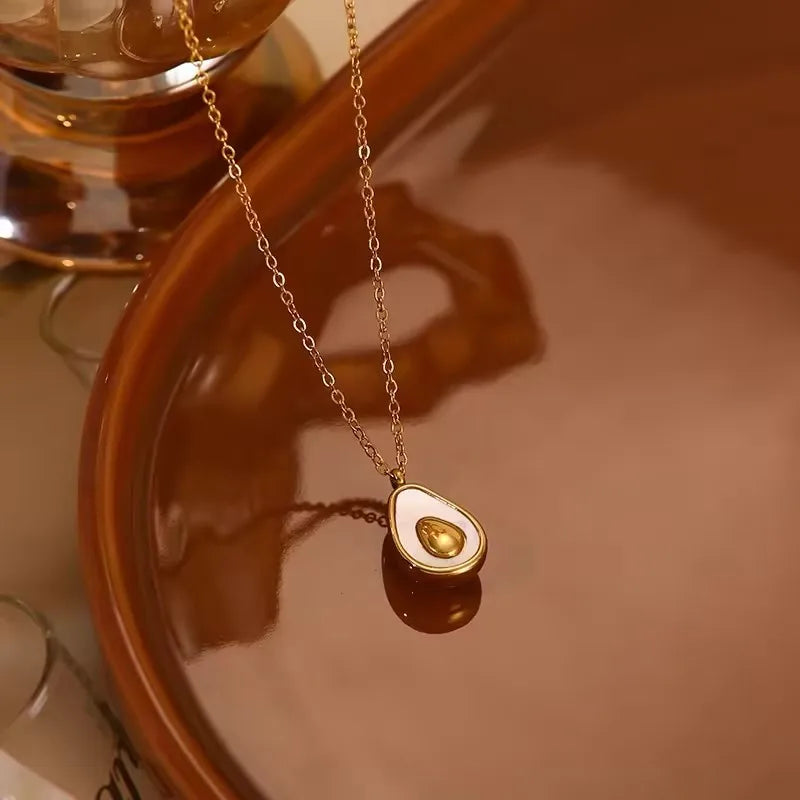 ASONSTEEL Fashion Gold Plated Fruit Pendant Necklace For Women Stainless Steel Jewelry Avocado Natural Shell Glossy Waterproof