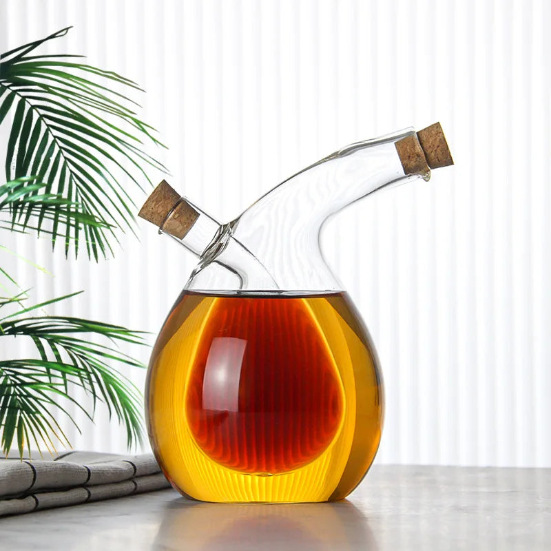Double-layer Glass Oil Jug 2-in-1 Oil Vinegar Bottle Home Creative Double-mouth Cork Shaped Glass Oil Jug Kitchen Seasoning Tool