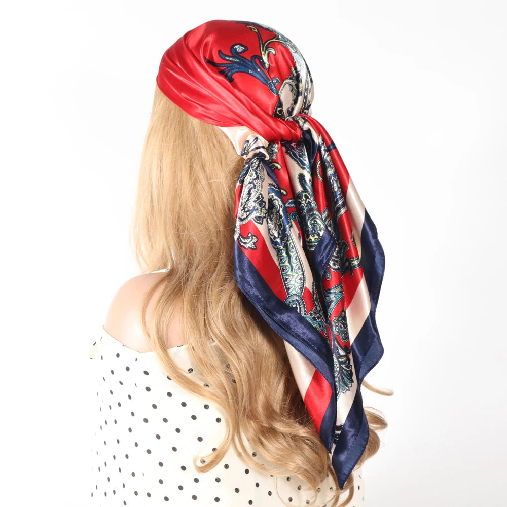Silk Head Scarf Women Luxury Fashion Hair Scarve Summer Foulard Femme Satin Shawl Kerchief 90cm Square Headscarf Bandana Cheveux