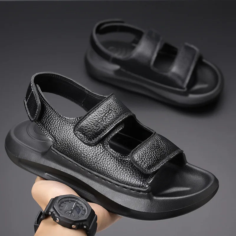 Solid Color Leather Sandals for Men 2025 Summer New Designer Platform Sandals Male Fashion Casual Outwear Beach Shoes Man