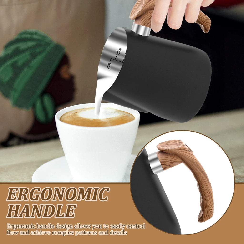 Milk Frothing Pitcher with scale Ergonomic handle Stainless steel safe and durable for Barista Espresso Pitcher