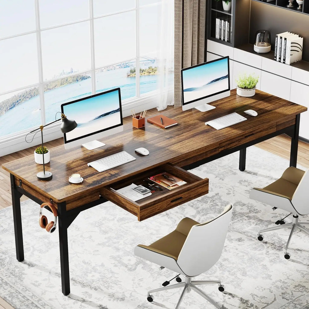 Computer Desk, 200 x 60 x 82 cm, Double Long Desk with 2 Drawers, Office Table, Work Table, Office Furniture