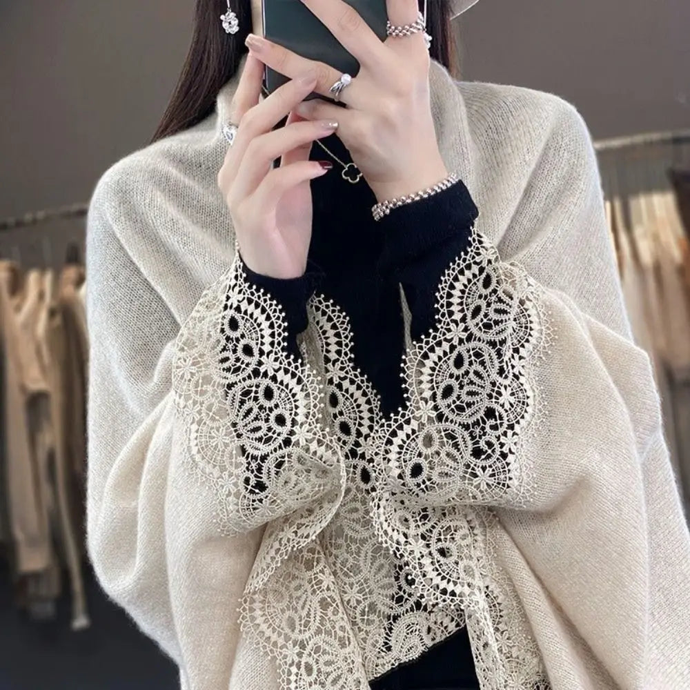 Fashion Women Wool Knitted Shawl Spring Autumn Breathable Lace Edge Scarf Skin Friendly Luxury Brand Design Cloak Shawl