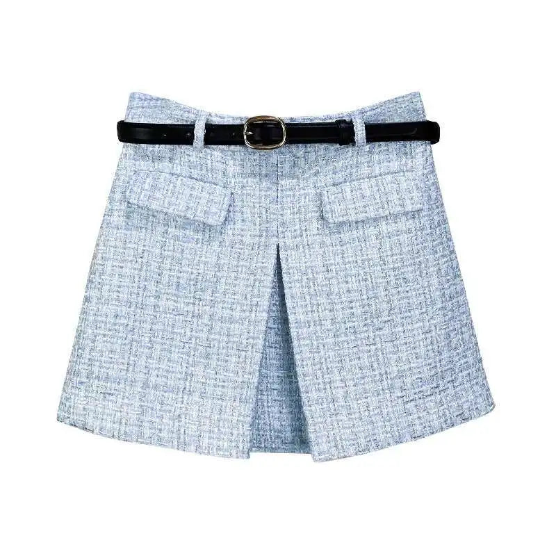 Luxury Crystal Tweed Dress 2 Piece Sets Women Tweed Jackets Blue Coats A Line Short Skirts Office Lady Work Retro Casual Outfits