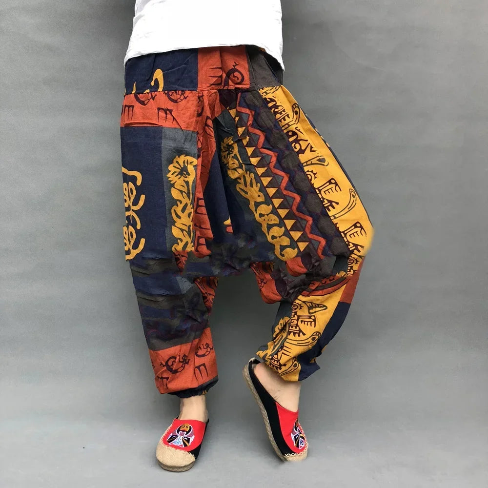 Vintage Men's Linen Loose Ethnic Printing Pants Trousers Retro Casual Harem Large Crotch Beach Pants Man Clothing