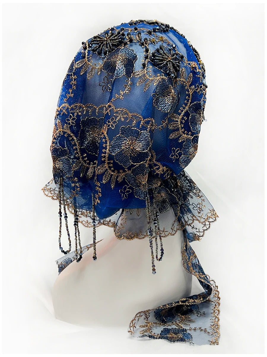 Explosive Head Cover Mesh Fabric Hand-Embroidered Hanging Beaded String acrylic Ribbon Hats Dubai New Muslim Arabic Worship Hat