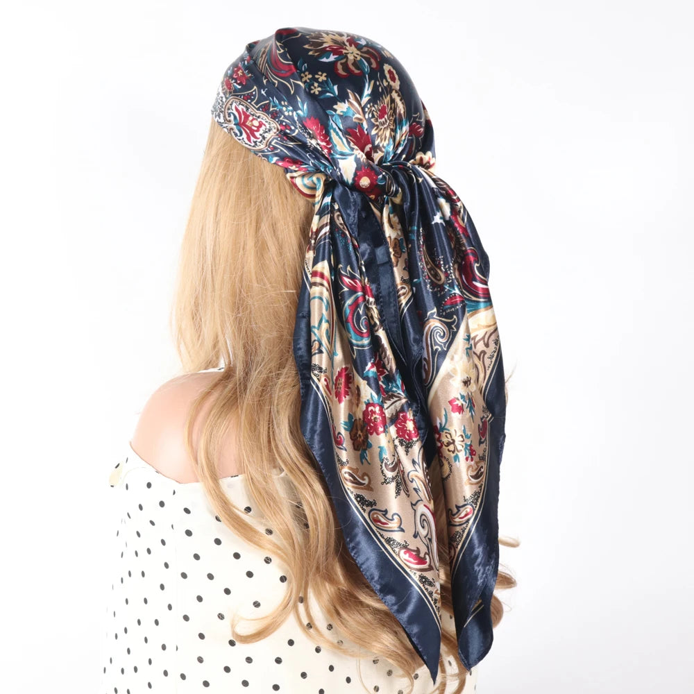 Silk Head Scarf Women Luxury Fashion Hair Scarve Summer Foulard Femme Satin Shawl Kerchief 90cm Square Headscarf Bandana Cheveux