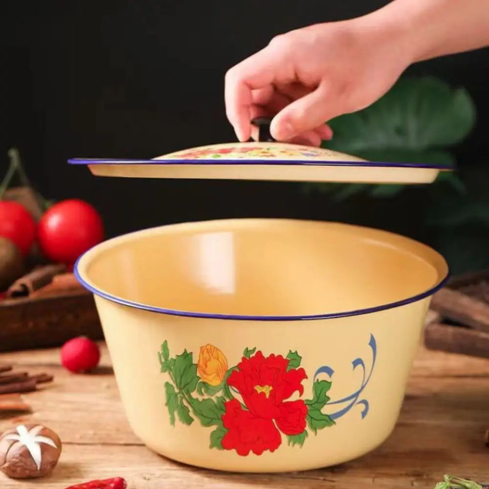 Food Storage Pot Vintage Enamel Bowls with Lid Yellow Lard Pot Random Pattern Rustproof Soup Container Noodle