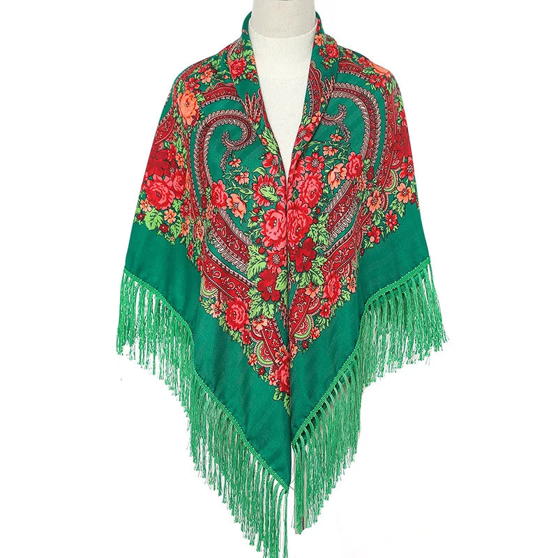 Women Luxury Floral Printed shawl Scarf for woman Square Babushka Handkerchief Head Wraps cardigan  Bohemia Retro Fringed Cape
