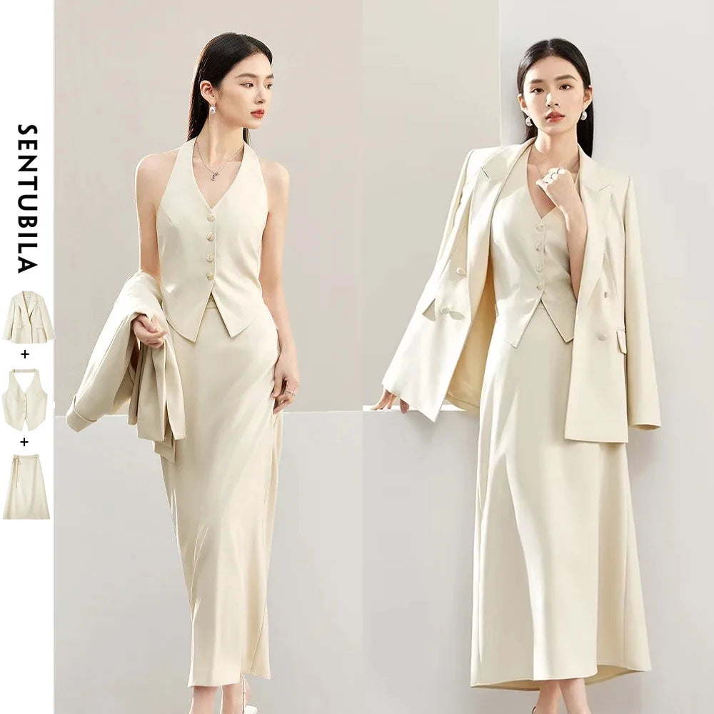 SENTUBILA 3 Piece Waistcoat Blazer Skirt Suit Women Work Office Outfits 2025 Spring Elegant Maxi Skirt Matching Set 141Z52979